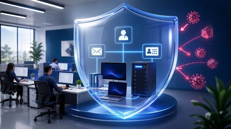 Escudo digital protegiendo los equipos, identidades y servidores de una empresa