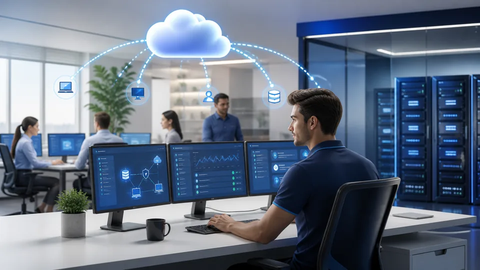Técnico supervisando equipos, servidores y servicios cloud de una empresa